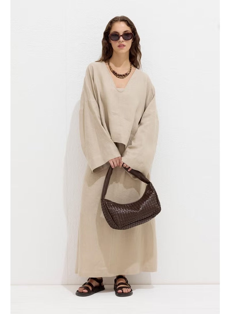 Manuka Premium V-Neck Linen Blouse Sand - Image 1